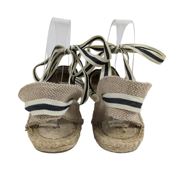 Soludos Espadrilles 9 Cream Navy Blue Stripe Ribbon Tie Closure Flat Shoes - Picture 5 of 7